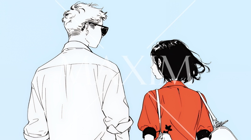 希望に満ちたライフスタイルを過ごす若いカップル：未来を見つめている（シンプルな色使い）