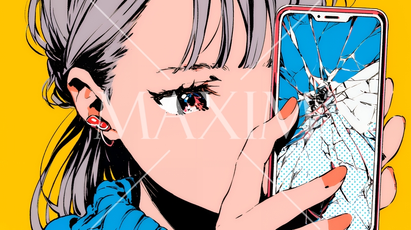 画面が激しく割れているスマートフォンを手にしているいる若い女性