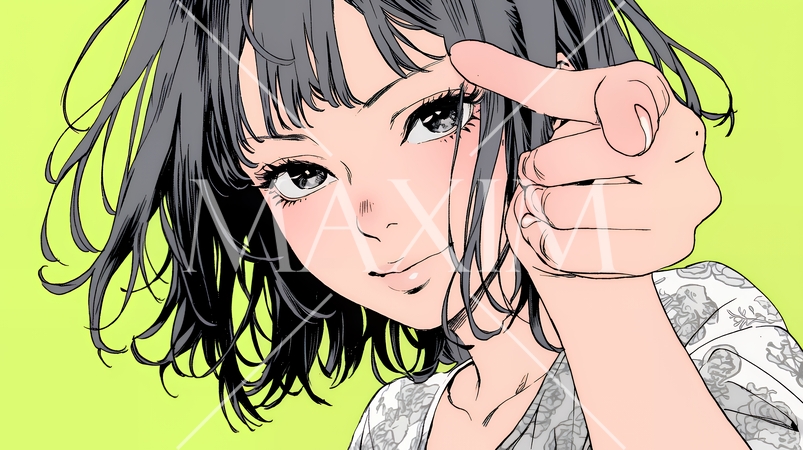 フィンガーガン（指でっぽう）を構えている若い女性