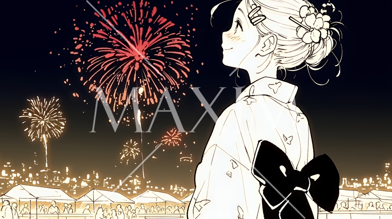 打ち上げ花火を見ている浴衣を着た若い女性（シンプルな色使い）