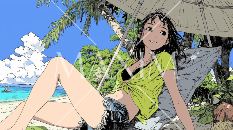 南国の海岸にビキニ姿でいる若い女性