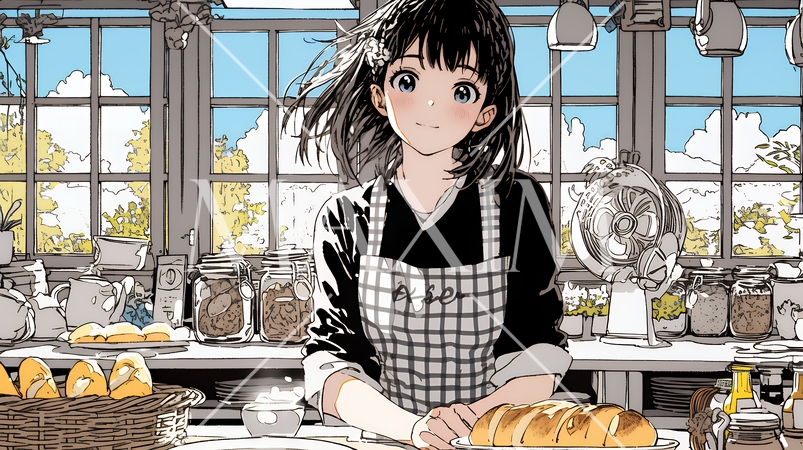 近所のパン屋で焼きたてパンを買う若い女性