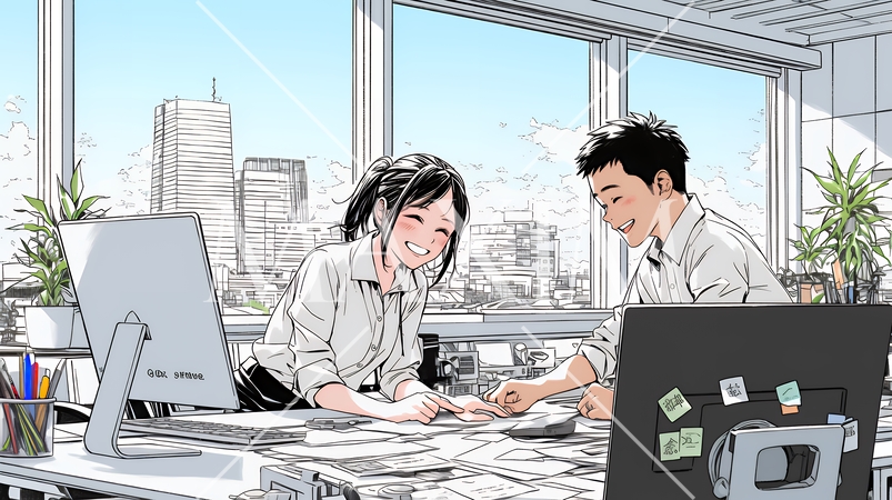 OJT：オフィスで、部下（後輩）を指導するマネージャー