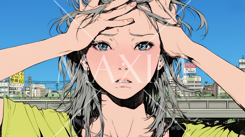 額に手を当てて「困ったな」ポーズをしている若い女性