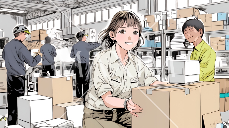 倉庫で配送作業をしている人たち