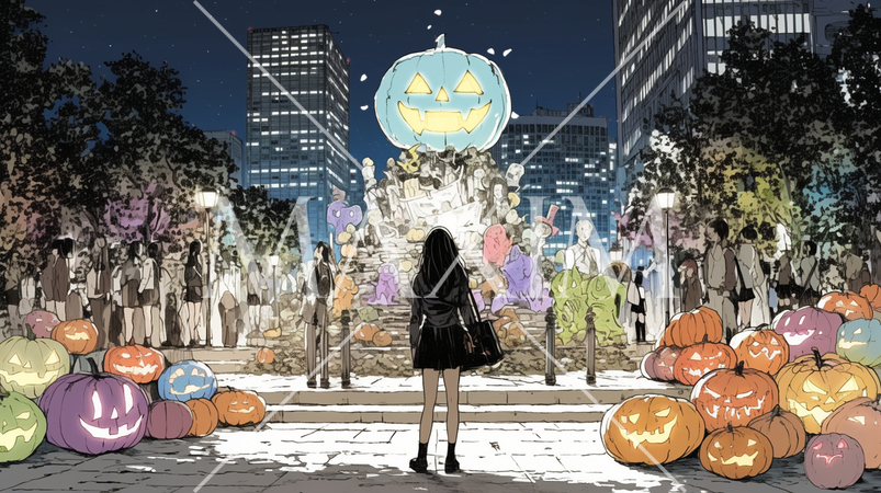 仲間とハロウィンイベントに参加する若い女性