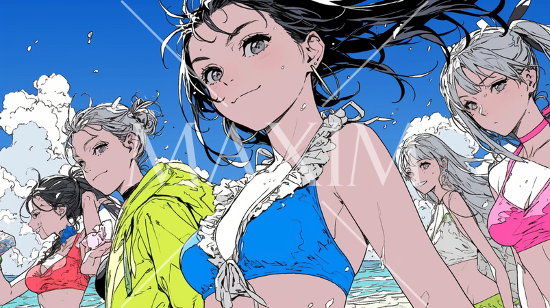 仲の良い友達同士で南国の海岸にビキニ姿でいる若い女性たち