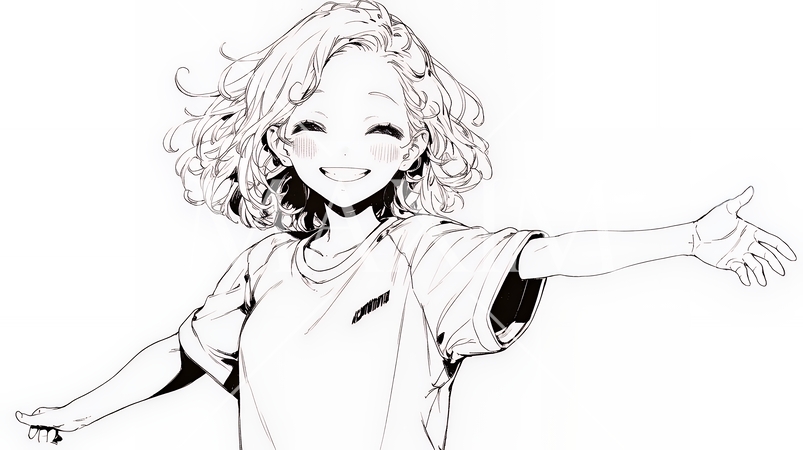 両手を広げて歓迎・驚きの仕草をしている若い女性（シンプルな色使い）