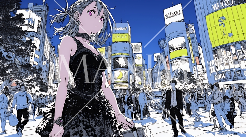 ゴシックロリータファッションで東京の町を歩く若い女性