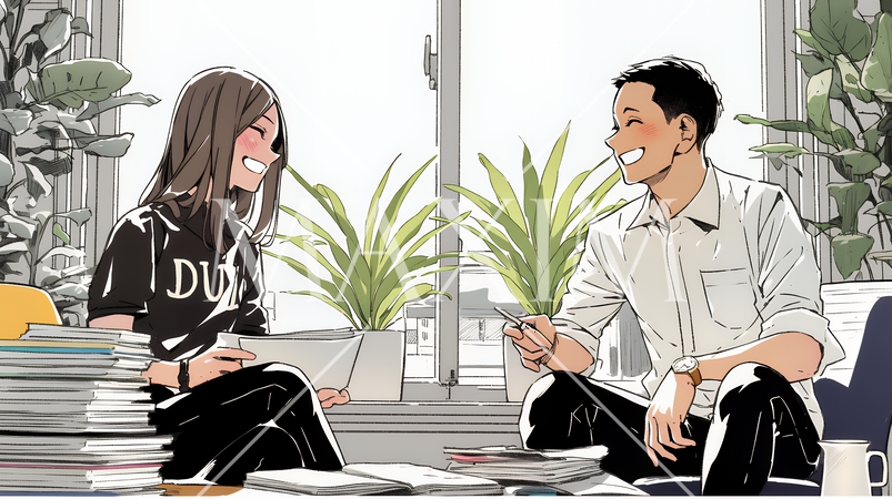 積極的な会話の多いポジティブな職場：社員たちが互いに積極的な意見を交わしている