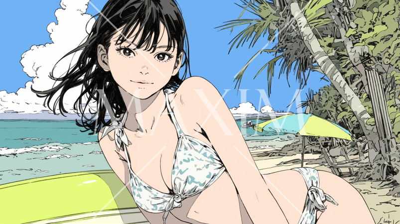 南国の海岸にビキニ姿でいる若い女性