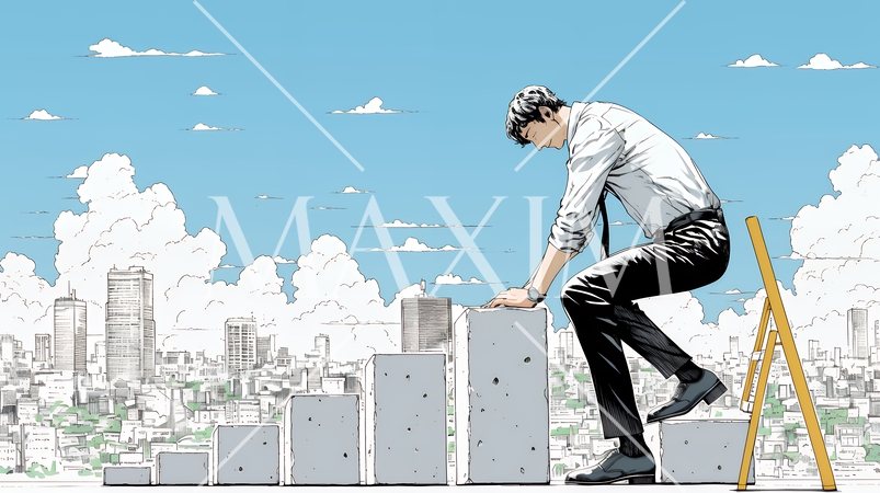 コンクリートブロックを積み上げているビジネスマン：計画の段階的積み重ねの比喩