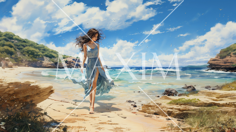 南国の青い空の下、美しい浜辺を歩く若い女性：水彩画