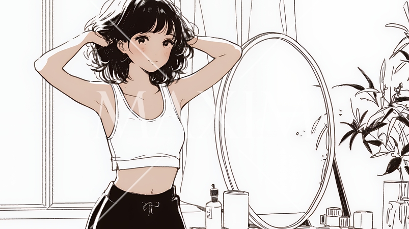 ウェストライン（腰回り）をチェックしている女性（シンプルな色使い）