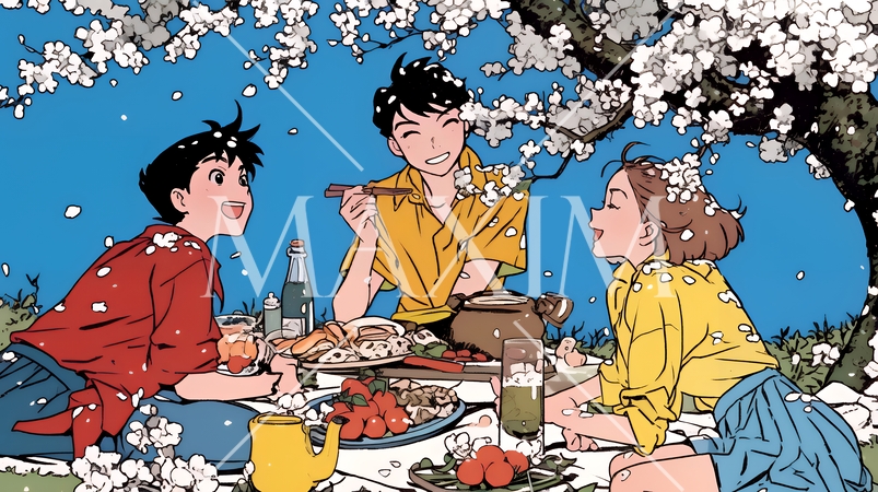 満開の桜の下で仲間たちと花見宴会