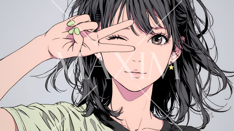 アイドルのように顔の横でピース＋ウィンクしている若い女性