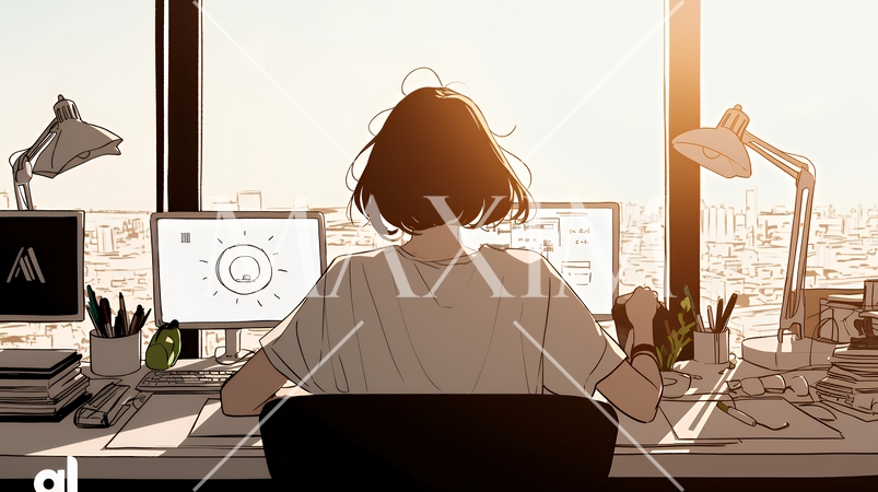 職場のデスクでパソコンに向かって仕事をしているビジネスウーマン（シンプルな色使い）
