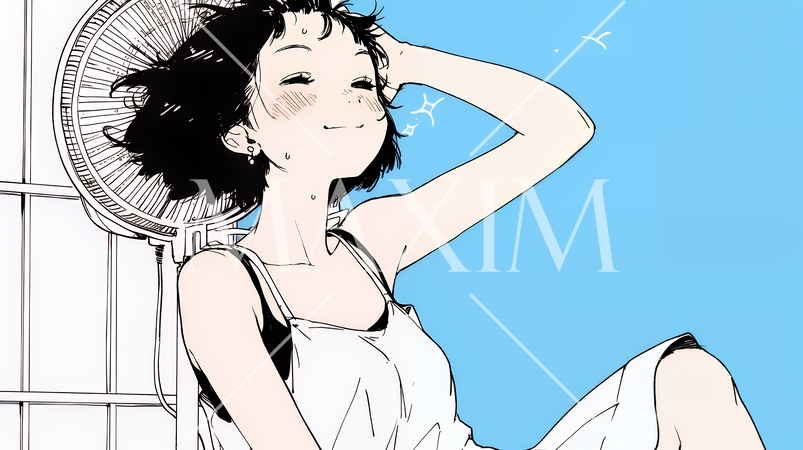 暑い夏の昼下がり、扇風機にあたって涼んでいる若い女性（シンプルな色使い）
