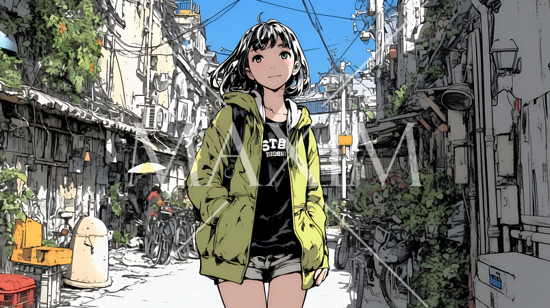 都会の治安の悪そうな場所にいる若い女性