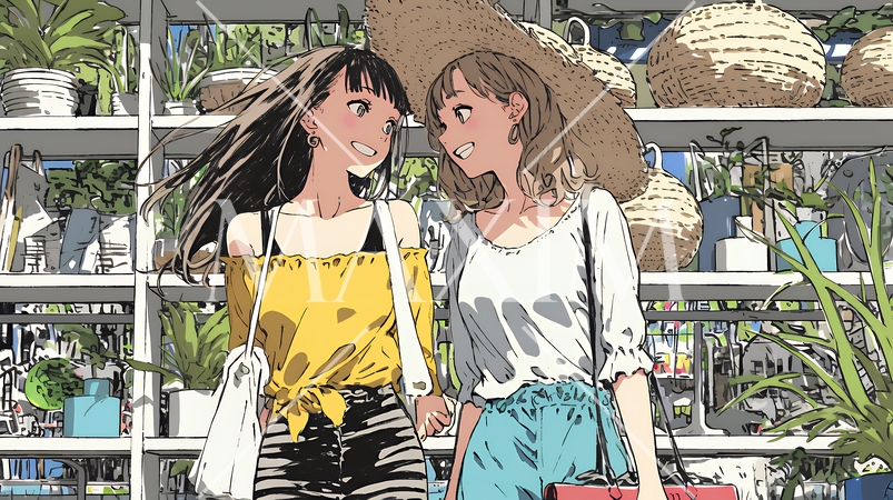 ビーチリゾートのショップで女友達と買物をしている若い女性