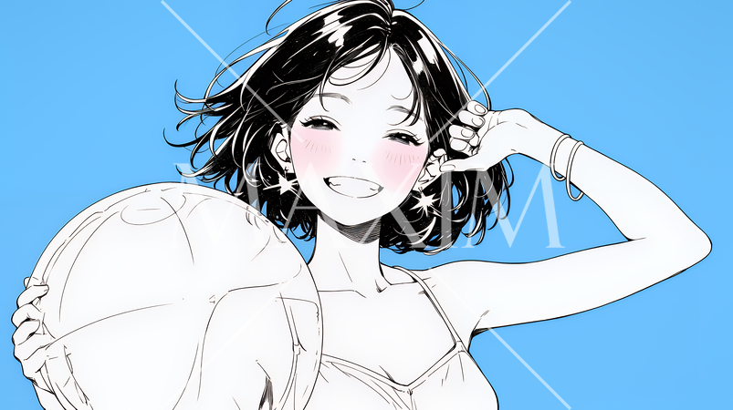 夏休みの思い出：友達と海水浴に行く（シンプルな色使い）