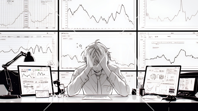 金融市場の急激な変動で頭を抱えている男性（シンプルな色使い）