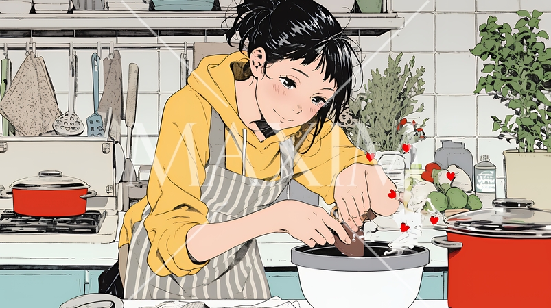 バレンタインプレゼント用のチョコレートを一生懸命作っている若い女性