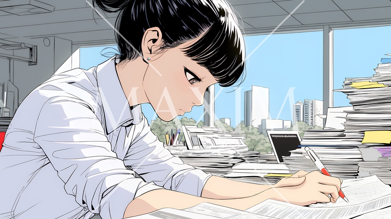 オフィスのデスクで、入念に書類をチェックする女性