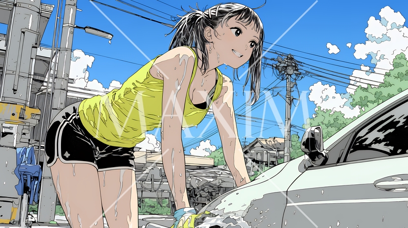 晴れた日に洗車をする若い女性｜青空と水しぶきの爽やかなライフスタイルシーン