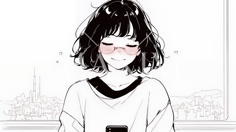 楽しそうにスマホ画面を眺めている若い女性（シンプルな色使い）