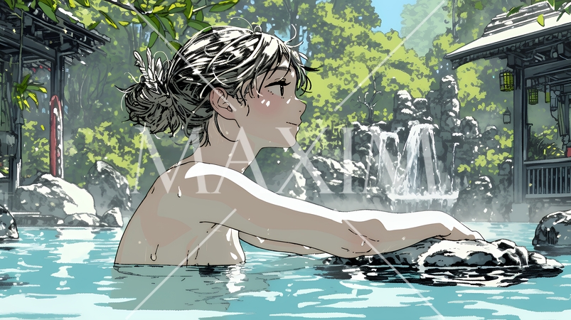 露天風呂に浸かっている若い女性