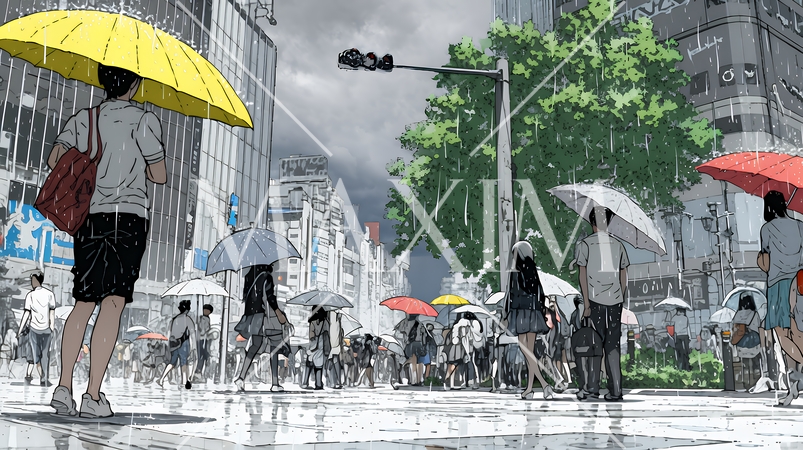 雨の中、黙々と通勤・通学をする人々