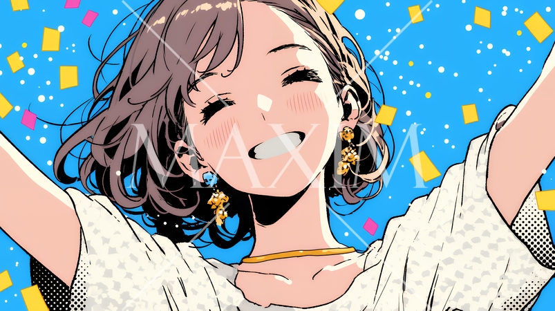 両手を広げて喜んでいる陽気な若い女性