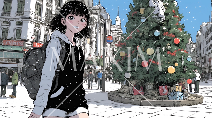 ホワイトクリスマスの街を歩く若い女性