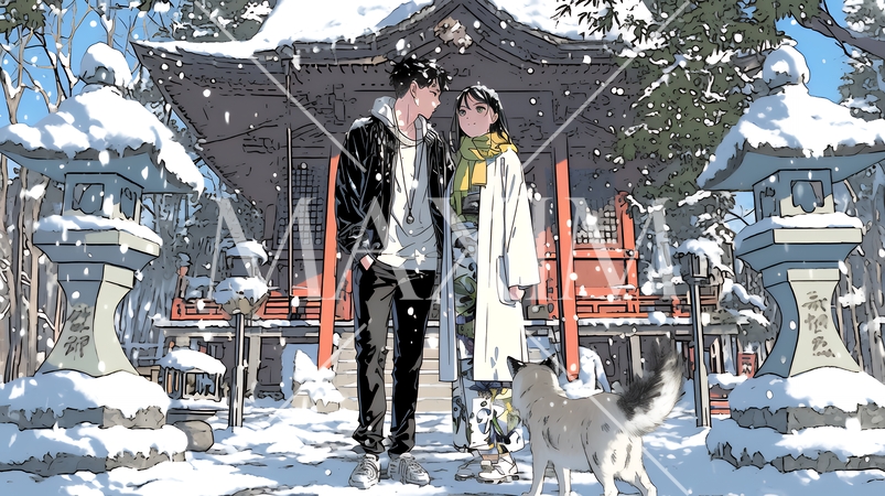 初詣をしている若い恋人カップル