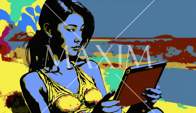 海辺のリゾートに来ているのに仕事のデジタルデバイスを手放せない女性