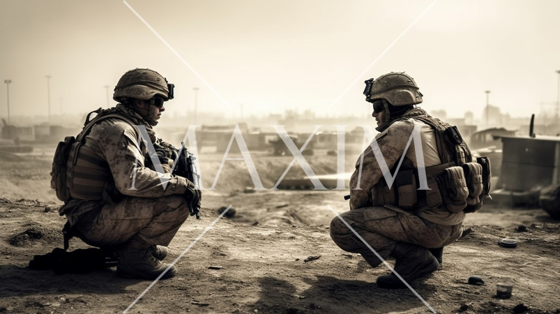 戦争最前線の地上戦部隊：セピア写実的描画