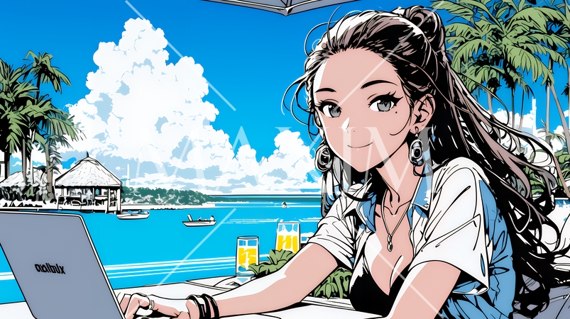 ワーケーション：休暇を楽しみながら仕事をしている女性