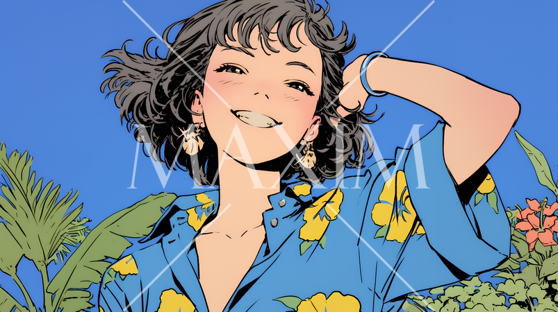 沖縄のかりゆしファッションを着て笑顔いっぱいの若い女性