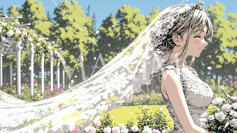 白いウェディングドレスを着ている花嫁：ジューンブライド