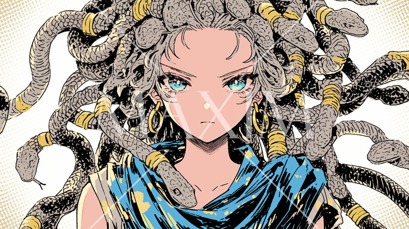 メデューサ：頭部がヘビでできているギリシャ神話に登場する怪物