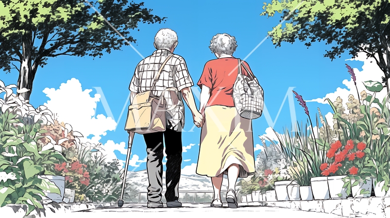 手をつないで歩いている老カップル