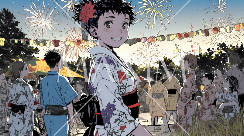 縁日屋台が立ち並び、賑わいを見せる祭りの夜