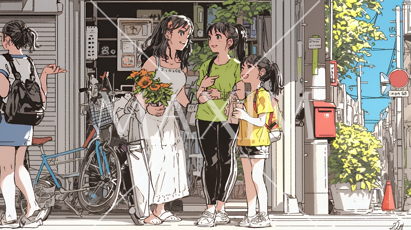 道端で会話を楽しむ若い主婦たち（ママ友たち）