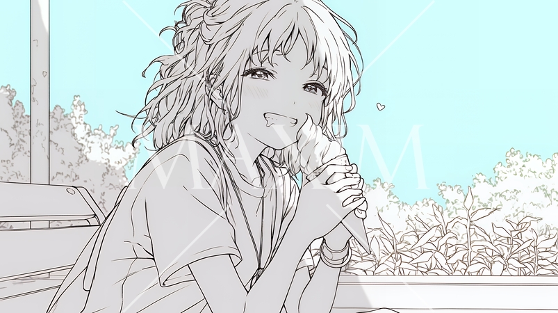 夏空の下でソフトクリーム（コーンに乗ったアイスクリーム）をたべる若い女性（シンプルな色使い）