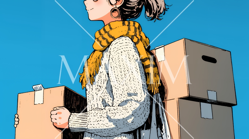 引っ越しの荷造り・荷解きをしている若い女性