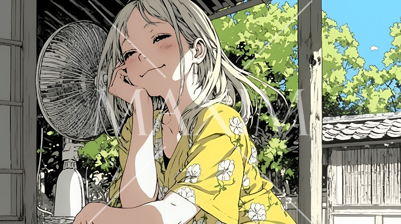 暑い夏の昼下がり、扇風機にあたって涼んでいる若い女性