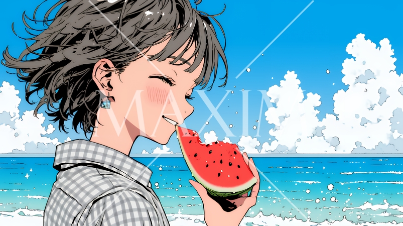 スイカを海辺て食べている若い女性