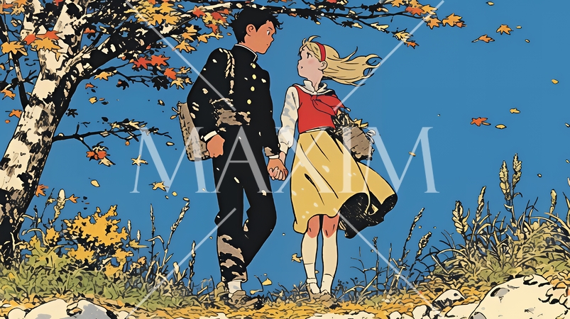 紅葉の小径を歩く若いカップル