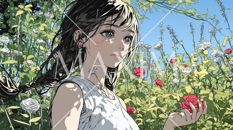 バラ園を散策している若い女性